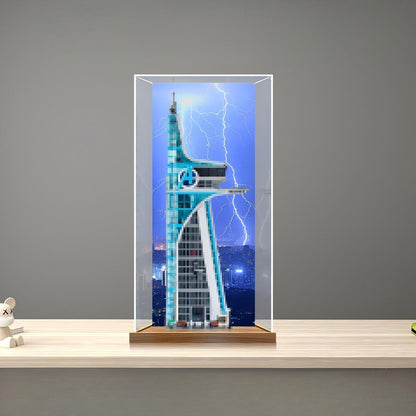 LEGO 76269 Avengers Tower Mirror Acrylic Display Case with Ring Light & UV-Printed Background - Dustproof Showcase