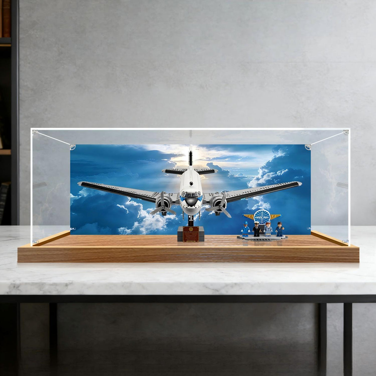 LEGO 11378 Douglas DC-3 PAN AM Airliner Mirror Acrylic Display Case with Ring Light & UV-Printed Background - Dustproof Showcase
