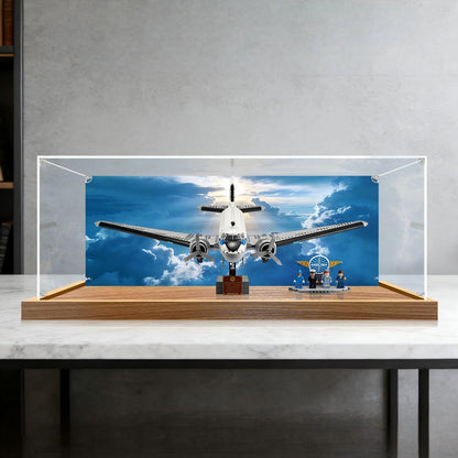 LEGO 11378 Douglas DC-3 PAN AM Airliner Mirror Acrylic Display Case with Ring Light & UV-Printed Background - Dustproof Showcase