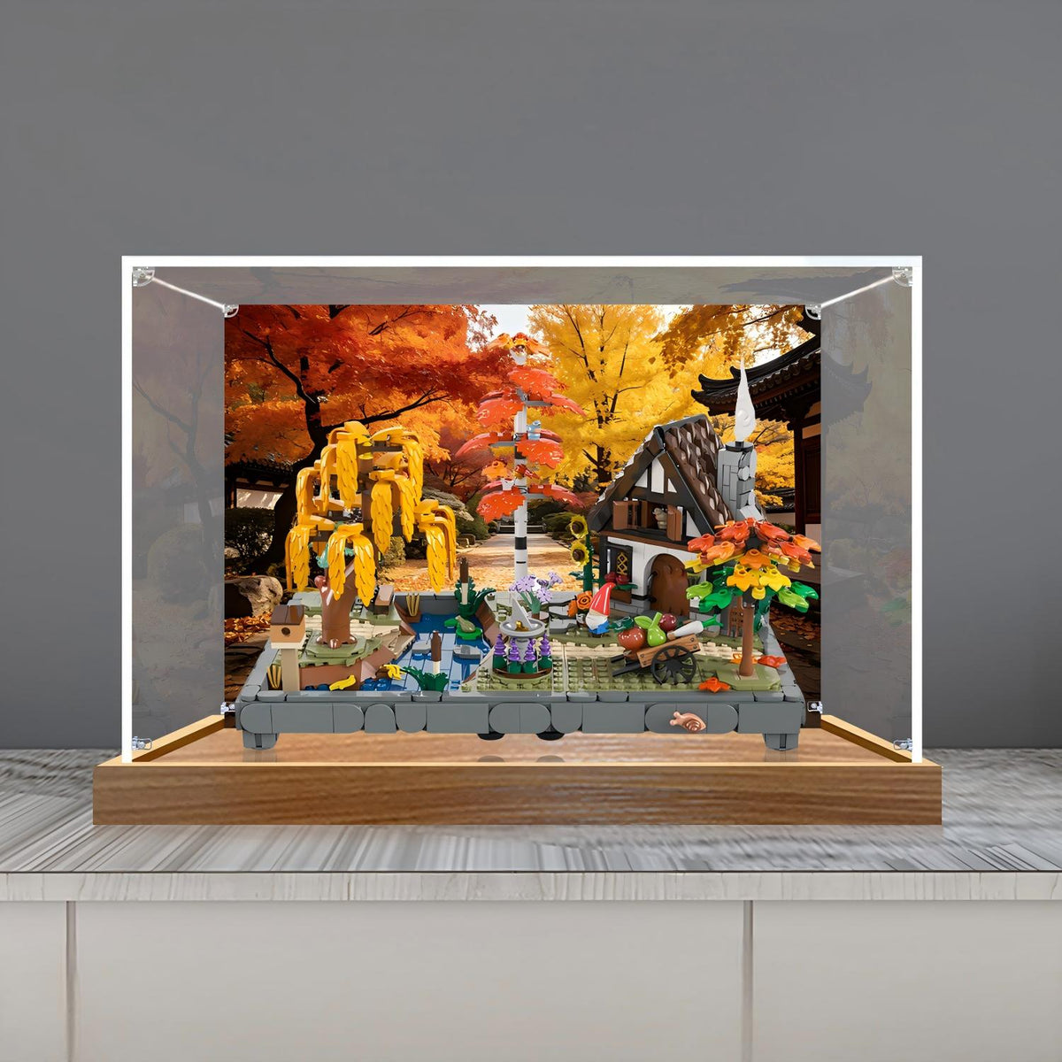 LEGO 11372 Autumn Cottage Garden Mirror Acrylic Display Case with Ring Light & UV-Printed Background - Dustproof Showcase