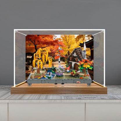 LEGO 11372 Autumn Cottage Garden Mirror Acrylic Display Case with Ring Light & UV-Printed Background - Dustproof Showcase