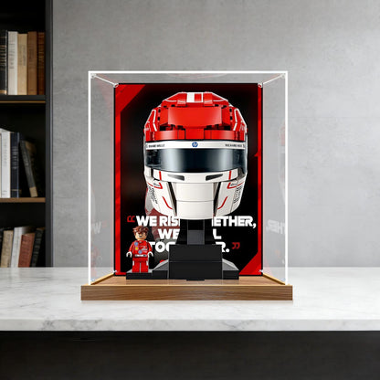 LEGO 43014 Scuderia Ferrari HP Charles Leclerc Helmet Mirror Acrylic Display Case with Ring Light & UV-Printed Background - Dustproof Showcase