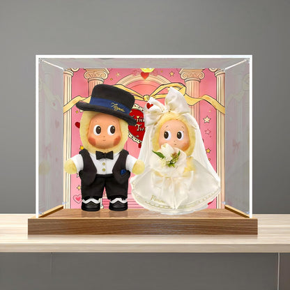 Pop Mart 婚礼系列镜面亚克力展示盒，带环形灯和UV印刷背景 - 防尘展示柜
