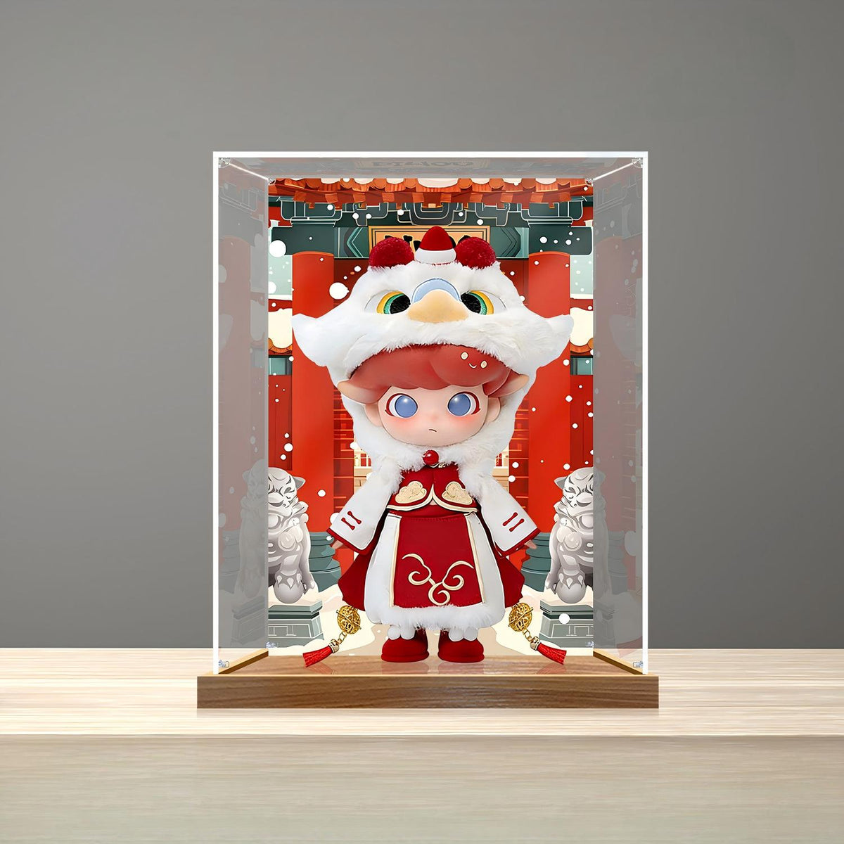 Pop Mart Dimoo Lion Dance Mirror Acrylic Display Case with Ring Light & UV-Printed Background - Dustproof Showcase