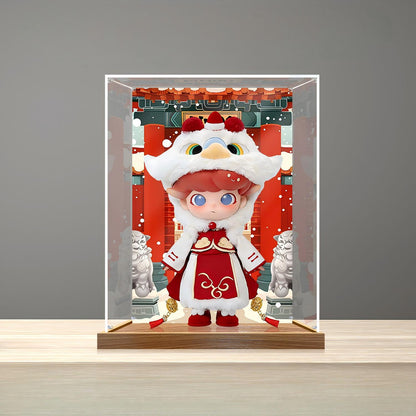 Pop Mart Dimoo Lion Dance Mirror Acrylic Display Case with Ring Light & UV-Printed Background - Dustproof Showcase