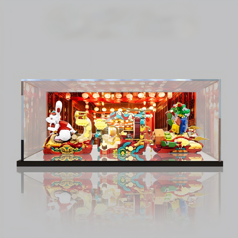 Acrylic Display Case for LEGO 80111 Lunar New Year Parade, with Themed Printed Background & Dustproof Box