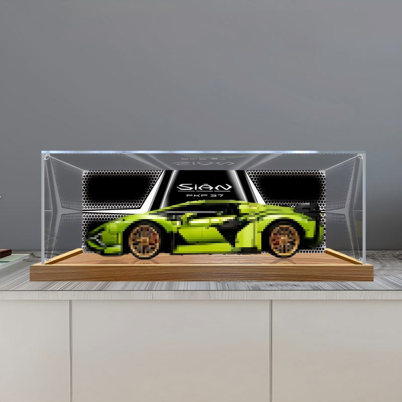 LEGO 42115 Lamborghini Sián FKP 37 Mirror Acrylic Display Case with Ring Light & UV-Printed Background - Dustproof Showcase
