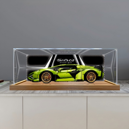 LEGO 42115 Lamborghini Sián FKP 37 Mirror Acrylic Display Case with Ring Light & UV-Printed Background - Dustproof Showcase