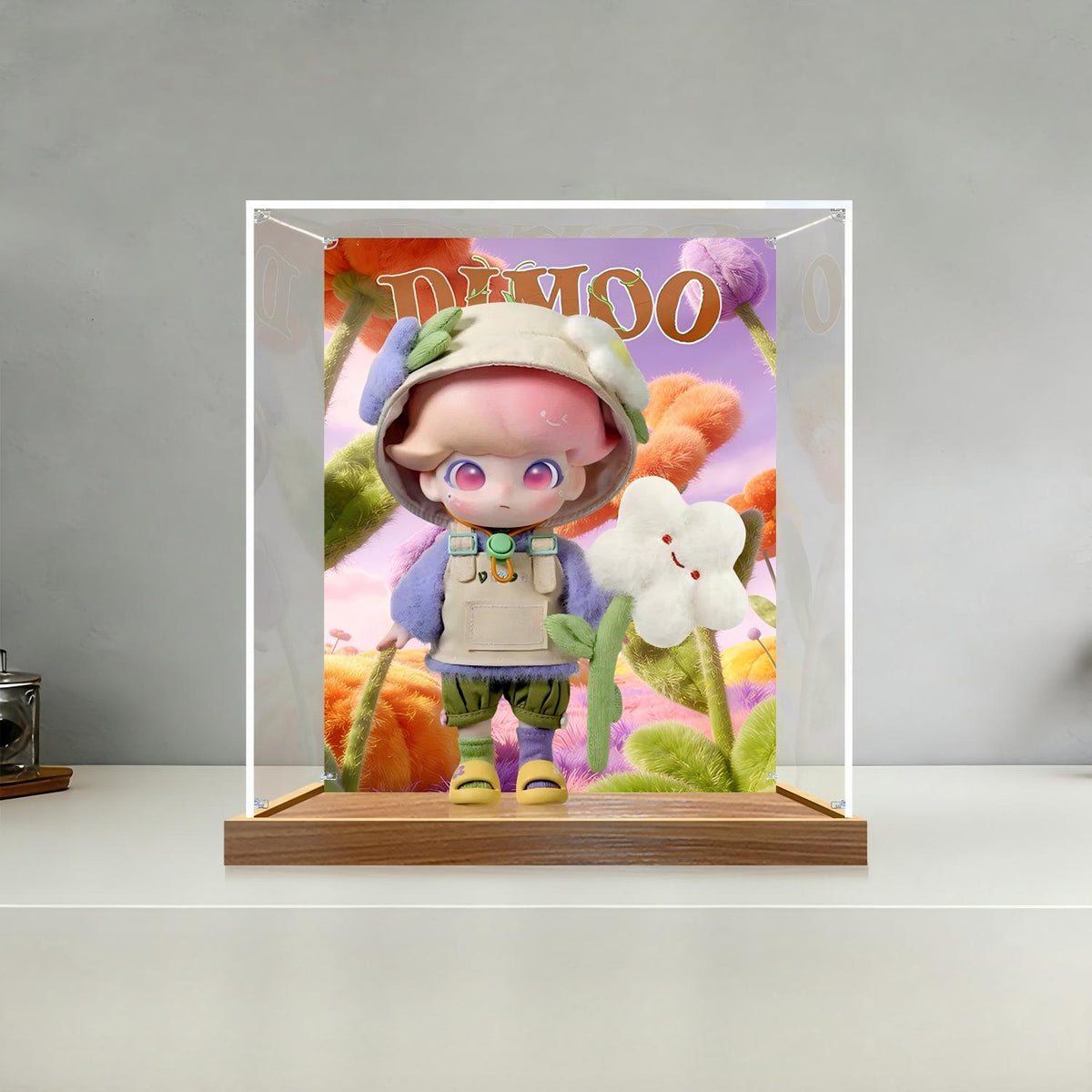 Vetrina Acrilica per Pop Mart DIMOO Series con Luci ad Anello e Sfondo Stampato UV - Espositore Antipolvere