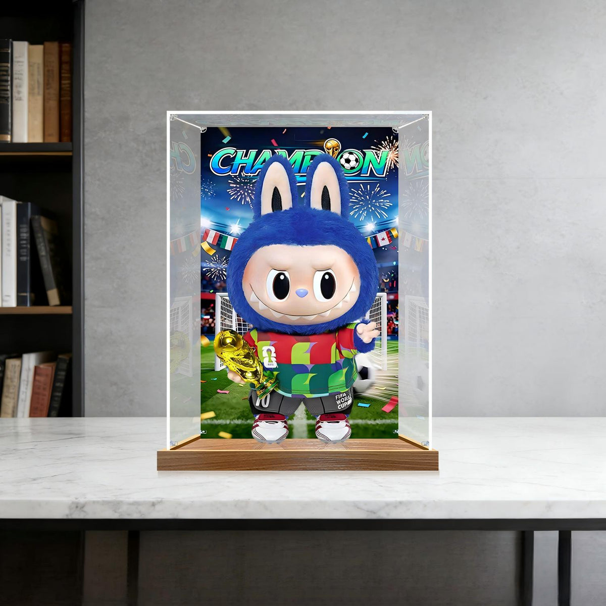 Pop Mart Labubu Champion Series Mirror Acrylic Display Case with Ring Light & UV-Printed Background - Dustproof Showcase