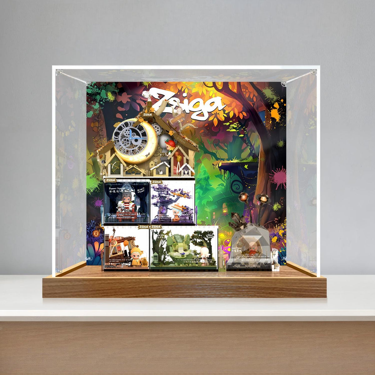 Pop Mart Zsiga 镜面亚克力展示盒，带环形灯和UV印刷背景 - 防尘展示柜