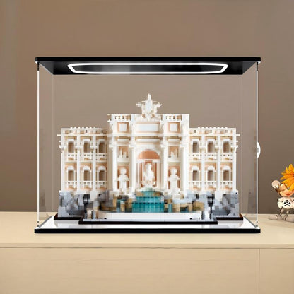 LEGO 21062 Trevi Fountain Mirror Acrylic Display Case with Ring Light & UV-Printed Background - Dustproof Showcase