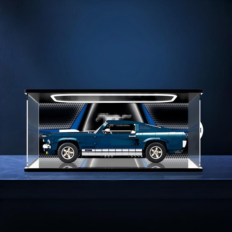 LEGO 10265 Ford Mustang Mirror Acrylic Display Case with Ring Light & UV-Printed Background - Dustproof Showcase