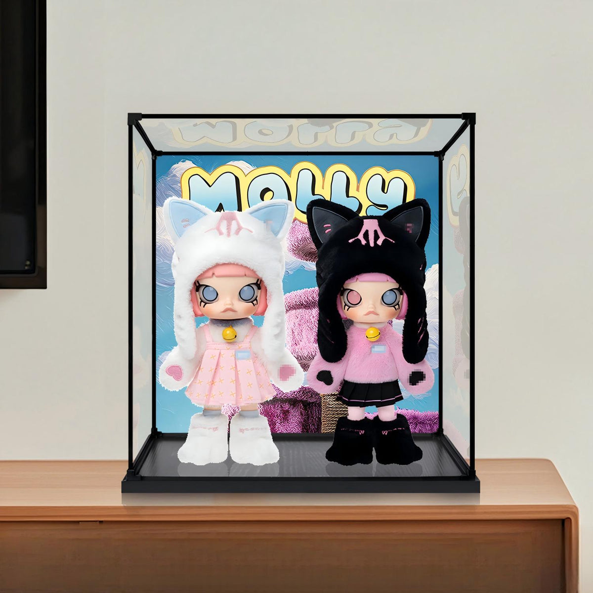 Pop Mart MOLLY Mirror Acrylic Display Case with Ring Light & UV-Printed Background - Dustproof Showcase