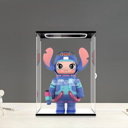 Pop Mart Mega Space Molly x Disney Stitch Mirror Acrylic Display Case with Ring Light & UV-Printed Background - Dustproof Showcase