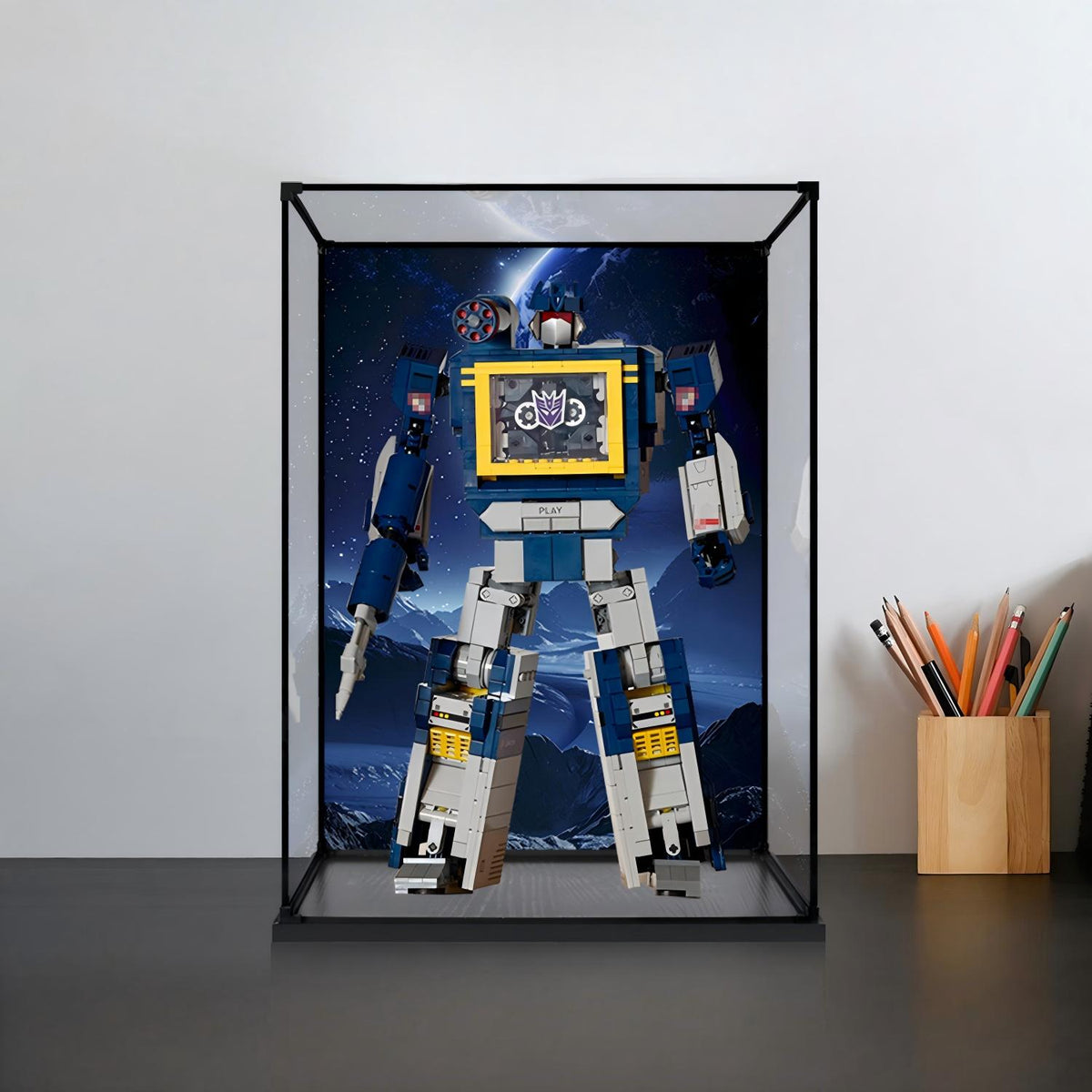 LEGO 10358 Soundwave Mirror Acrylic Display Case with Ring Light & UV-Printed Background - Dustproof Showcase