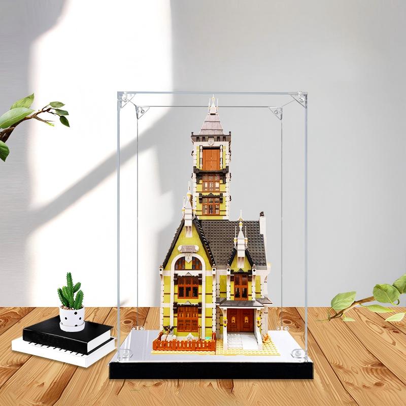 LEGO 10273 Haunted House Mirror Acrylic Display Case with Ring Light & UV-Printed Background - Dustproof Showcase