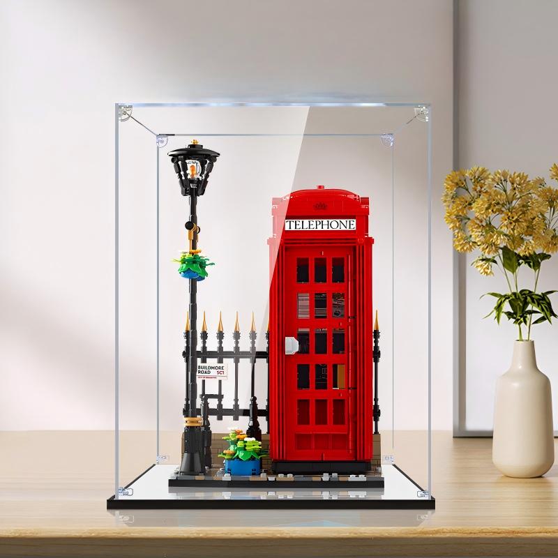 LEGO 21347 Caixa de Exibição de Acrílico com Espelho para Cabine Telefônica Vermelha de Londres com Luz de Anel e Fundo Impresso em UV - Vitrine à Prova de Poeira