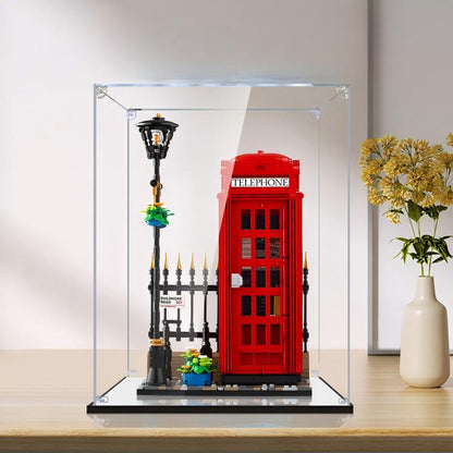 LEGO 21347 Caixa de Exibição de Acrílico com Espelho para Cabine Telefônica Vermelha de Londres com Luz de Anel e Fundo Impresso em UV - Vitrine à Prova de Poeira