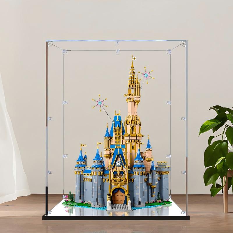 LEGO 43222 صندوق عرض زجاجي أكريليك مرآة لقلعة ديزني مع إضاءة حلقية وخلفية مطبوعة بالأشعة فوق البنفسجية - علبة عرض مقاومة للغبار