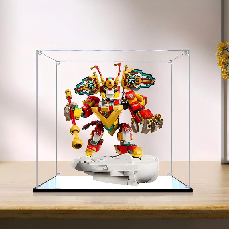 LEGO 80051 Mini Mech di Monkie Kid - Custodia Espositiva in Acrilico Specchiato con Anello Luminoso e Sfondo Stampato UV - Vetrina Antipolvere