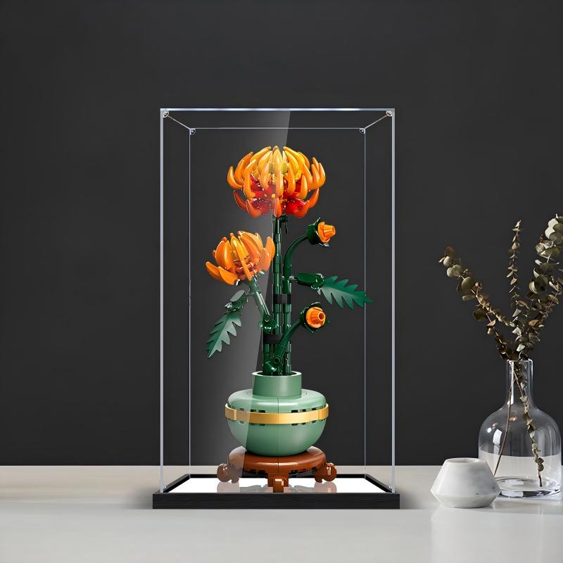 LEGO 10368 Chrysanthemum Mirror Acrylic Display Case with Ring Light & UV-Printed Background - Dustproof Showcase