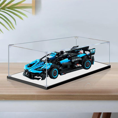 LEGO 42162 Bugatti Bolide Agile Blue Spiegel-Acryl-Vitrine mit Ringlicht & UV-bedrucktem Hintergrund - Staubgeschützte Ausstellung