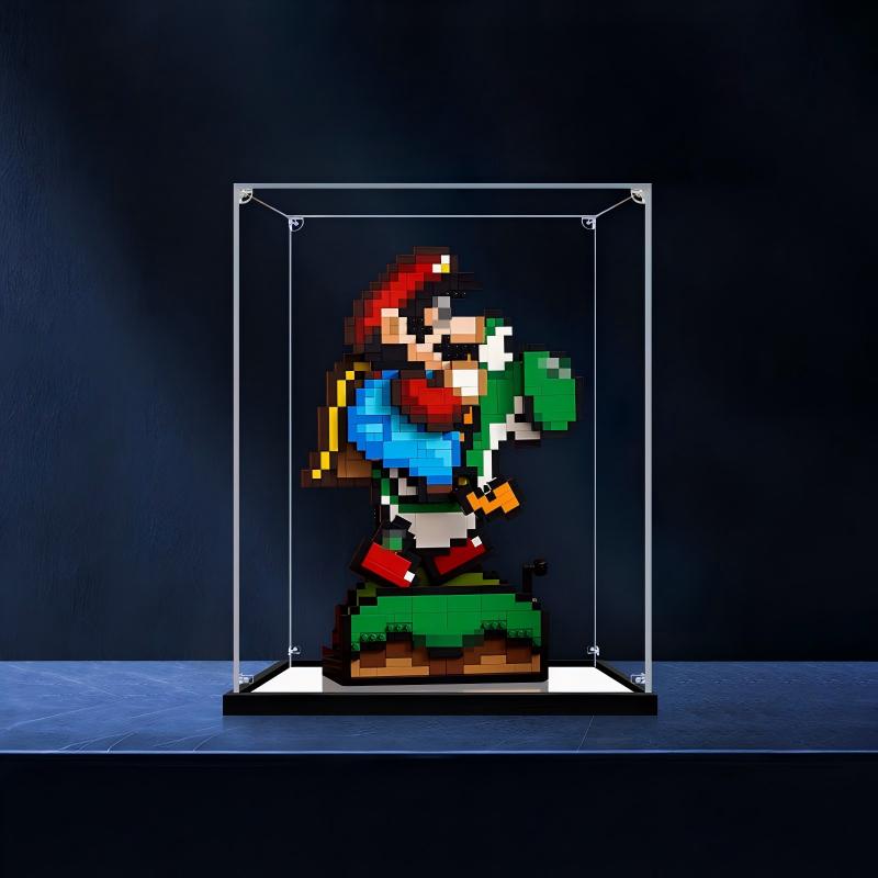 LEGO 71438 Super Mario World: Mario & Yoshi Vetrina Acrilica con Specchio e Anello Luminoso e Sfondo UV-Printed - Custodia Antipolvere
