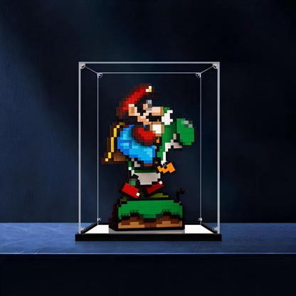 LEGO 71438 Super Mario World: Mario & Yoshi Vetrina Acrilica con Specchio e Anello Luminoso e Sfondo UV-Printed - Custodia Antipolvere