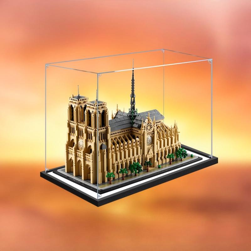 LEGO 21061 Notre-Dame de Paris Caixa de Exibição de Acrílico com Espelho com Luz de Anel e Fundo Impresso em UV - Vitrine à Prova de Poeira