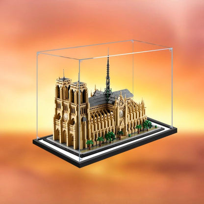 LEGO 21061 Notre-Dame de Paris Caixa de Exibição de Acrílico com Espelho com Luz de Anel e Fundo Impresso em UV - Vitrine à Prova de Poeira