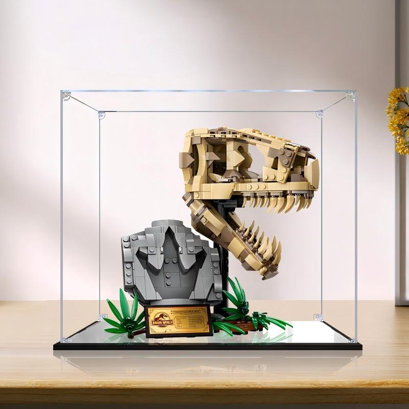 LEGO 76964 Dinosaur Fossils: T. rex Skull Mirror Acrylic Display Case with Ring Light & UV-Printed Background - Dustproof Showcase