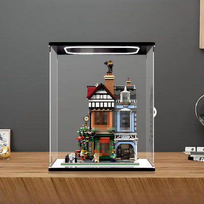 LEGO 10350 علبة عرض أكريليك مرآة تيودور كورنر مع حلقة إضاءة وخلفية مطبوعة بالأشعة فوق البنفسجية - صندوق عرض مقاوم للغبار