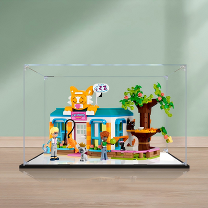 Acrylic Display Case for LEGO 41742 Cat Hotel, with Themed Printed Background & Dustproof Box