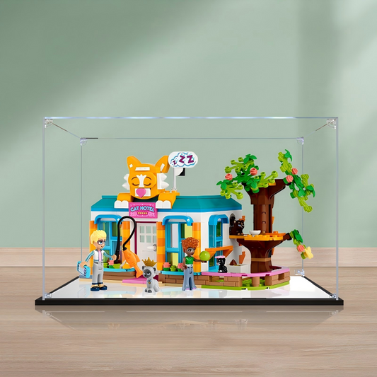 Acrylic Display Case for LEGO 41742 Cat Hotel, with Themed Printed Background & Dustproof Box