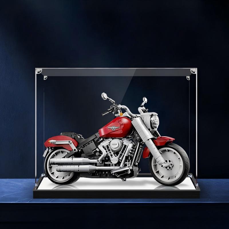 LEGO 10269 Harley-Davidson Fat Boy Spiegel Vitrine mit Ringlicht & UV-bedrucktem Hintergrund - Staubdichte Ausstellung