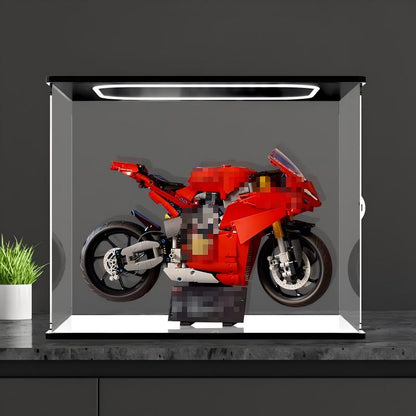 LEGO 42202 Ducati Panigale V4 S Vitrine de Exibição em Acrílico com Espelho, Luz Anelar e Fundo Impresso em UV - Vitrine à Prova de Poeira