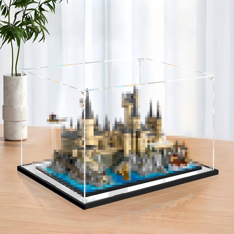 LEGO 76419 Hogwarts Castle and Grounds Mirror Acrylic Display Case with Ring Light & UV-Printed Background - Dustproof Showcase