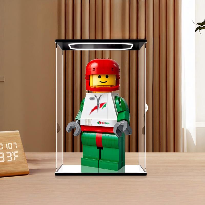 LEGO 40819 سائق سباق مصغر موسّع معروض في علبة عرض أكريليك مرآة مع حلقة إضاءة وخلفية مطبوعة بالأشعة فوق البنفسجية - خزانة عرض مقاومة للغبار