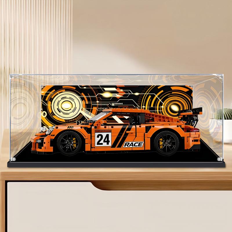 Acrylic Display Case for LEGO 42056 Porsche 911 GT3 RS, with Themed Printed Background & Dustproof Box