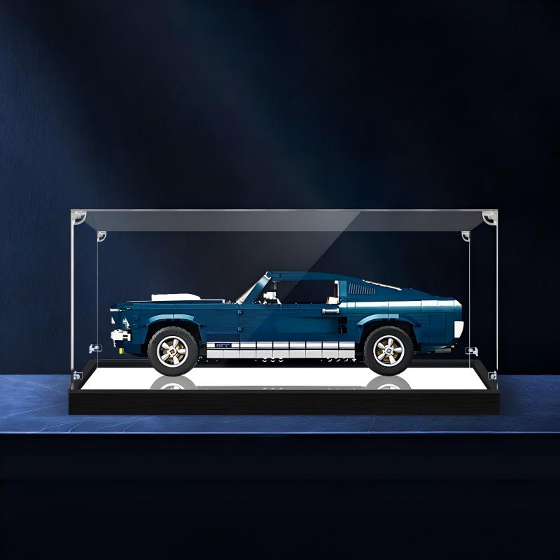 LEGO 10265 Ford Mustang Mirror Acrylic Display Case with Ring Light & UV-Printed Background - Dustproof Showcase