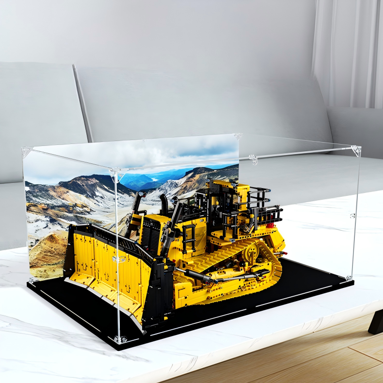 Acrylic Display Case for LEGO 42131 Cat D11 Bulldozer, with Themed UV Printing Background & Dustproof Box