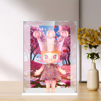 Suitable for Pop Mart Molly Cherry Blossom Display Case – Showcase with UV-Printed Background & Mirror Base