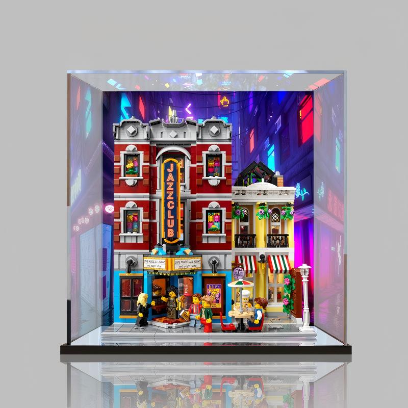 Acrylic Display Case for LEGO 10312 Jazz Club, with Themed Printed Background & Dustproof Box