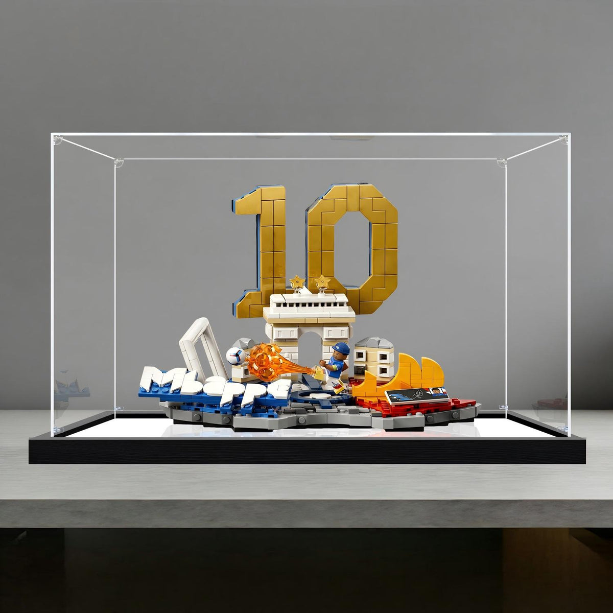 LEGO 43013 Kylian Mbappé - Soccer Highlights Mirror Acrylic Display Case with Ring Light & UV-Printed Background - Dustproof Showcase