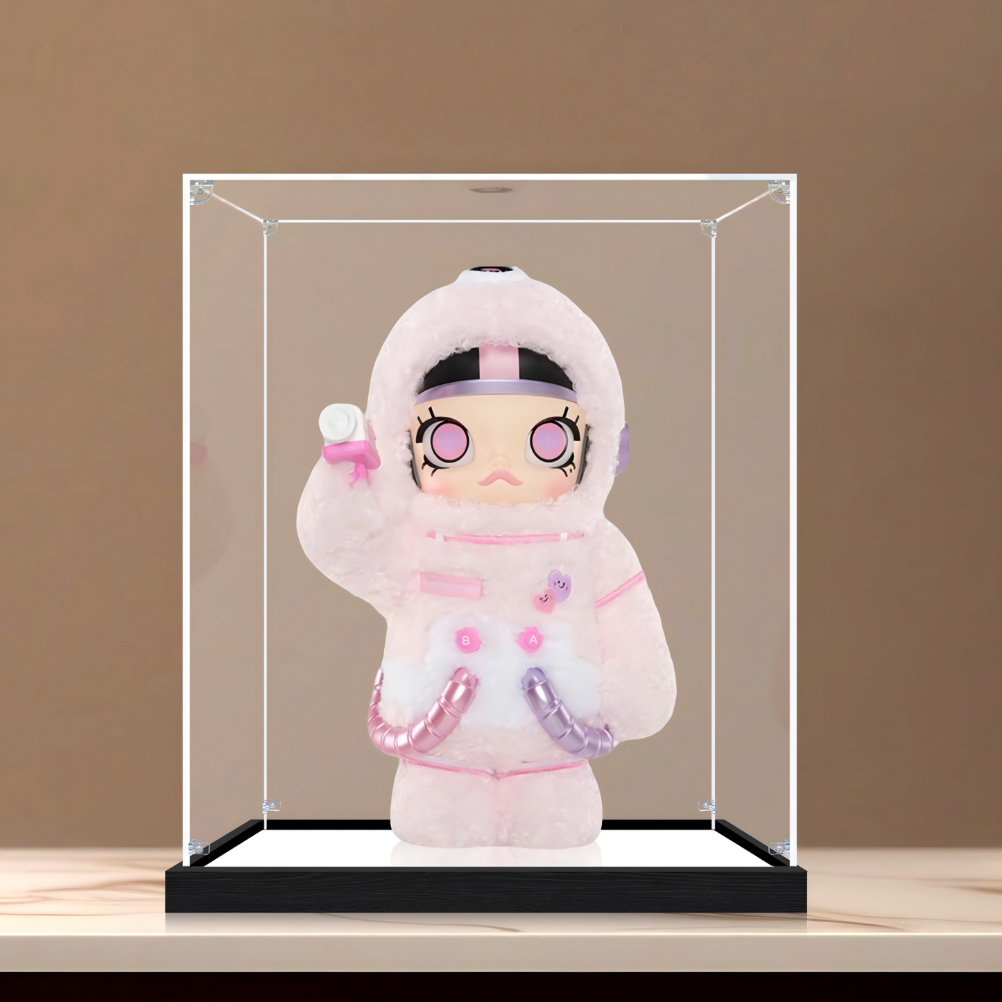 Suitable for Pop Mart MEGA SPACE MOLLY Pink Display Case – Showcase with UV-Printed Background & Mirror Base