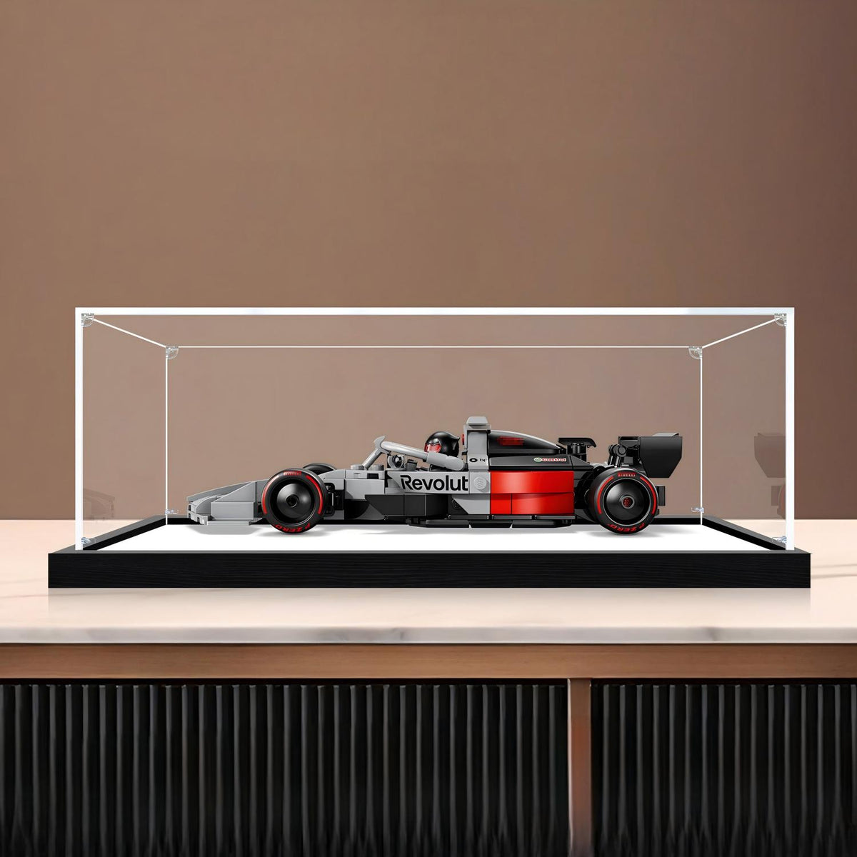 LEGO 77259 Audi Revolut F1 Team R26 ミラーアクリルディスプレイケース リングライト＆UVプリント背景付き - 防塵ショーケース
