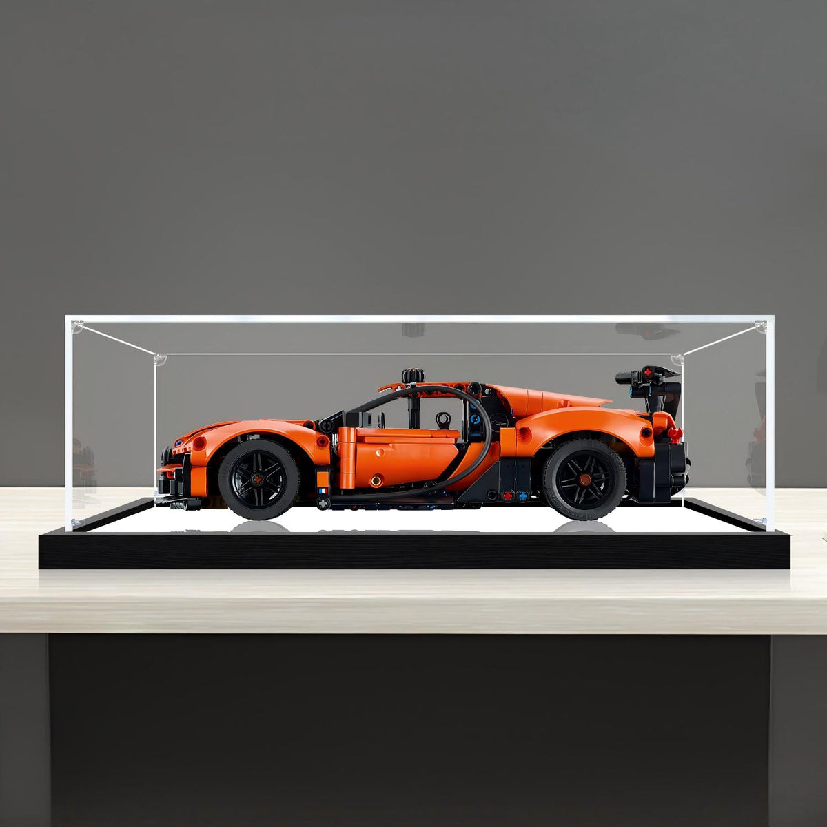 LEGO 42222 Bugatti Chiron Pur Sport Mirror Acrylic Display Case with Ring Light & UV-Printed Background - Dustproof Showcase