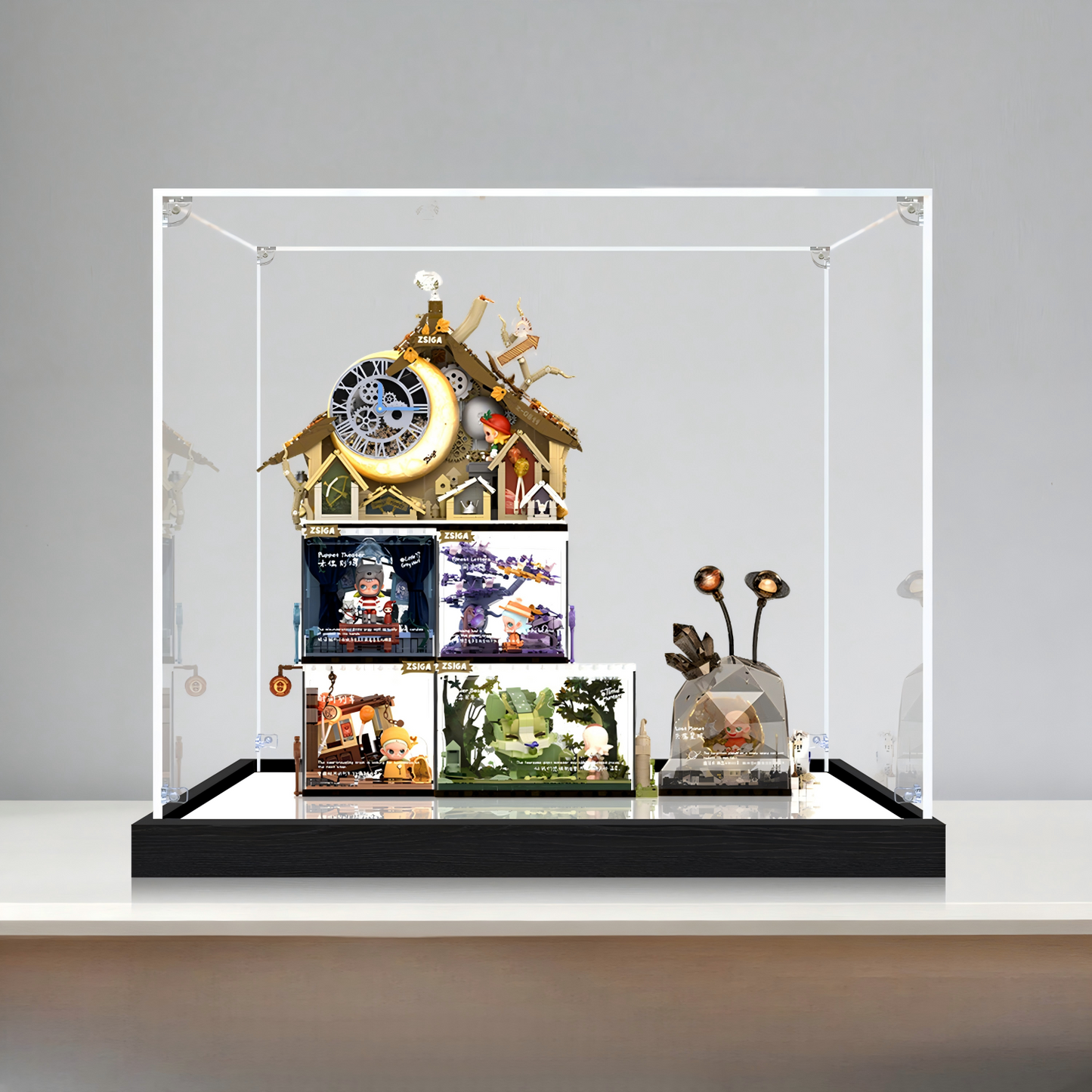 Suitable for Pop Mart Zsiga Display Case – Showcase with UV-Printed Background & Mirror Base