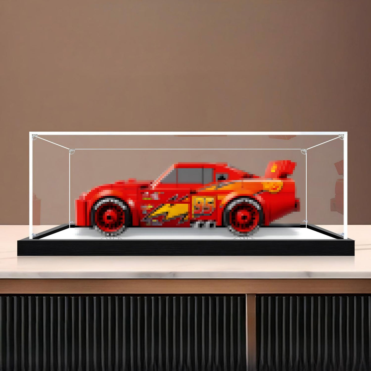 LEGO 77255 Lightning McQueen Vitrine d'affichage en acrylique miroir avec anneau lumineux et fond imprimé UV - Présentoir anti-poussière